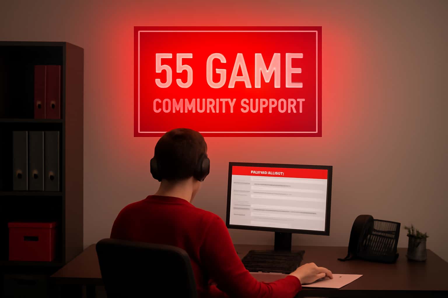 A professional representation of 55 Game Community Support showcasing the support resources available for users.
