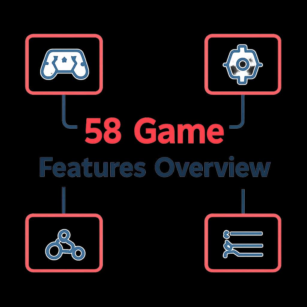 An educational diagram about 55 Game Features Overview.