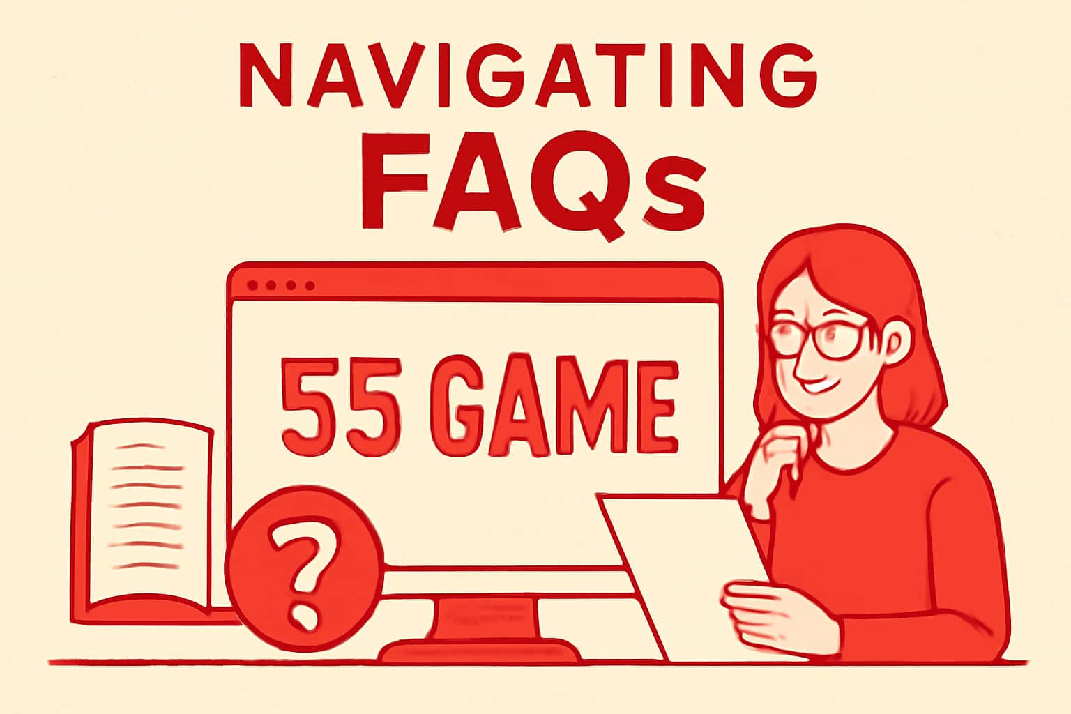 An informational graphic featuring the text 'Navigating 55 Game FAQs' in a professional layout.