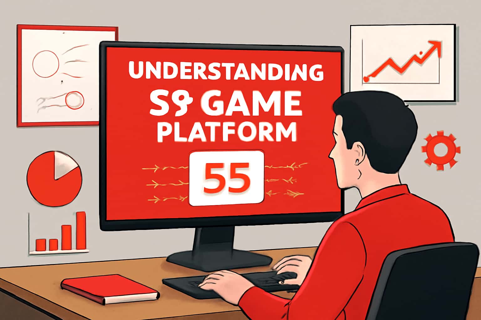 An informational scene showcasing the 55 Game Platform with highlighted features.